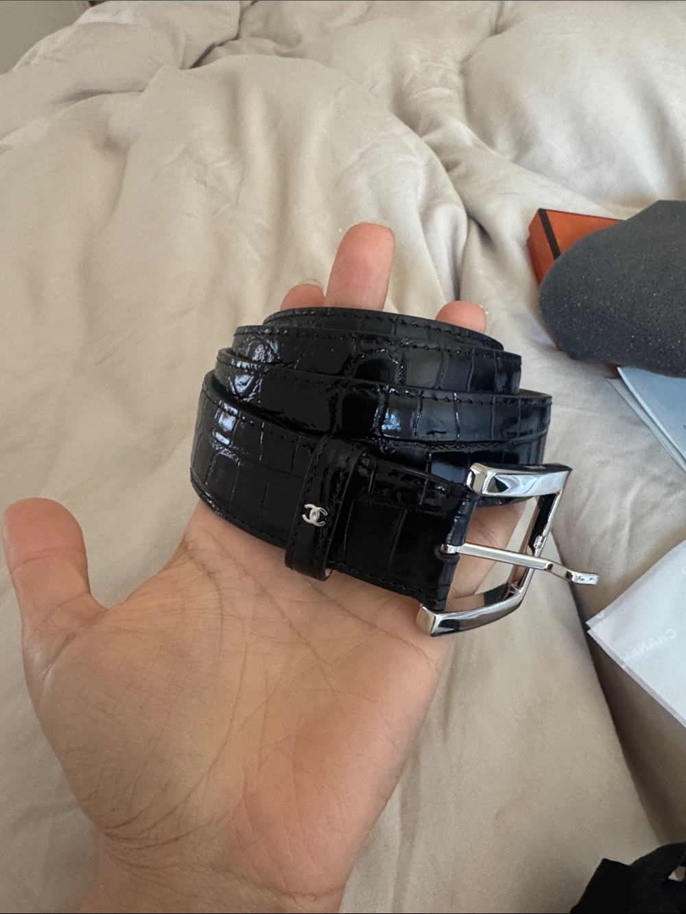CHANEL Black croc embossed leather belt NWT!